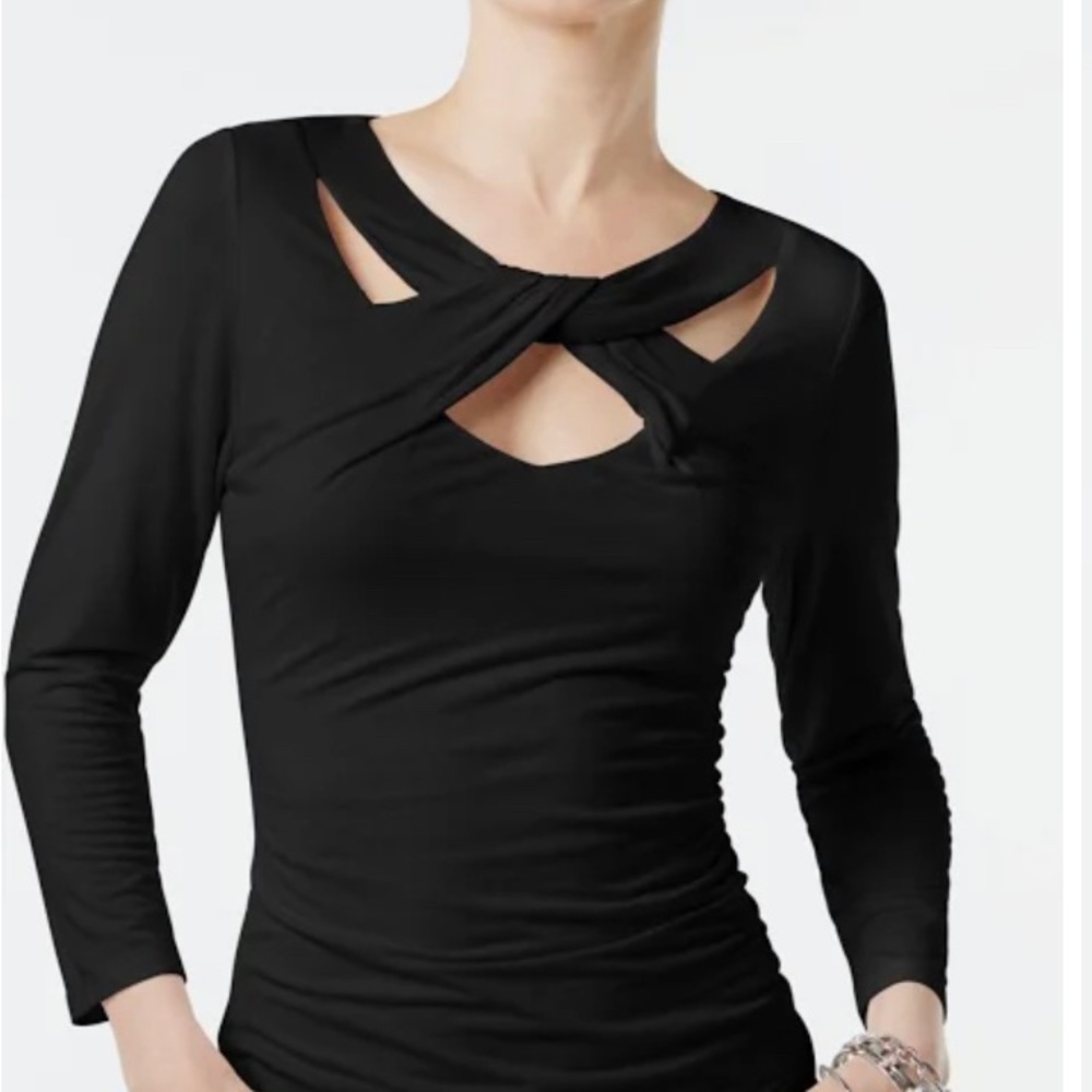 INC black 3/4 sleeve cross cross cut out shirt size L